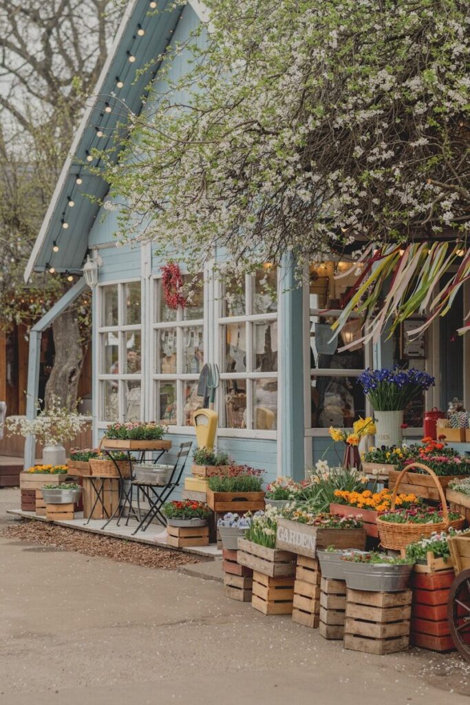 A charming blue cottage adorned with flowers and lights